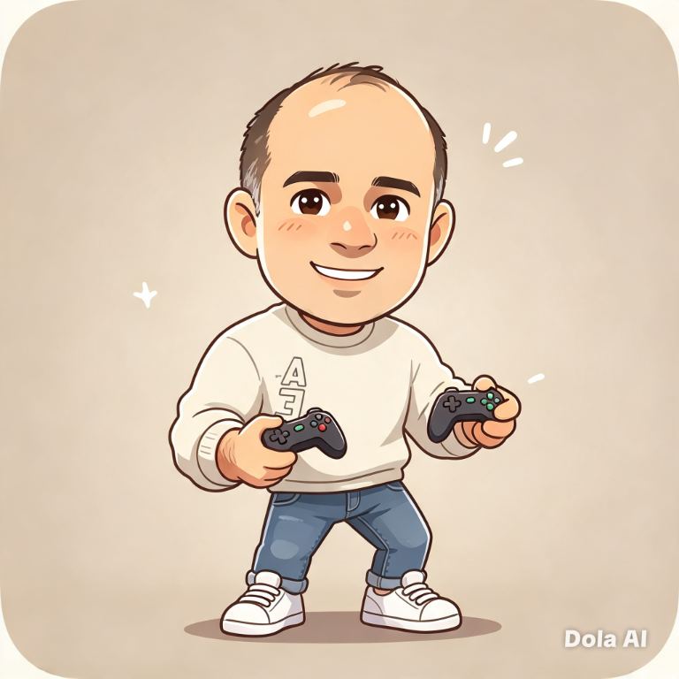 Ilustración de Toty, sonriente y con dos controles de videojuegos